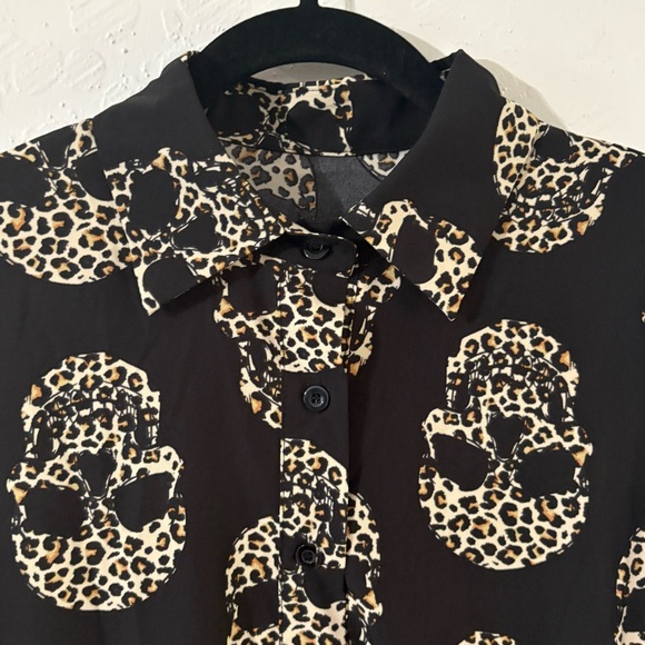ROMWE Dresses & Skirts - New Black Leopard Cheetah Skull Print Shirt Dress Sz S  Button Up Short Sleeves